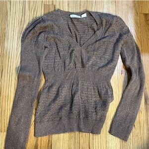 Vtg 2000s DKNY JEANS Brown Metallic Lurex Pointelle Sweater Y2K Fairy Boho 90s L